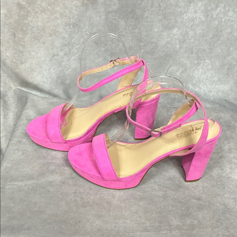 Ankis Hot Pink Suede Block Heel Ankle-Strap Sandals - Picture 5 of 7